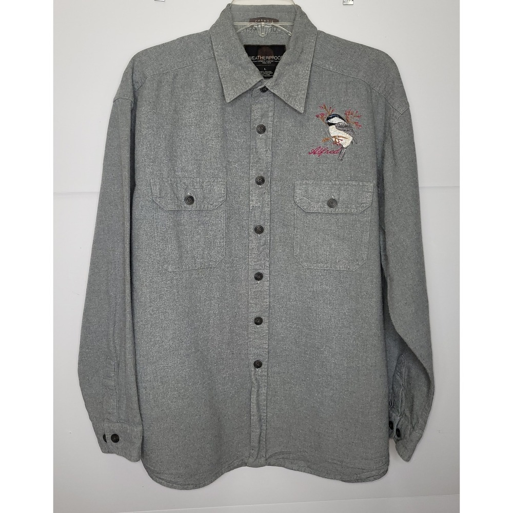 Weatherproof Chamois Shirt Men Flannel L Gray Bird Embroidered Wildlife Gorpcore
